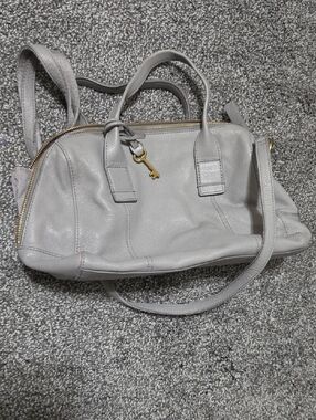 Fossil Light Gray Leather Satchel with Key Charm